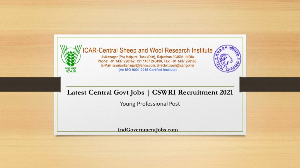 CSWRI Recruitment 2021 | Latest Central Govt Jobs | Apply 08 Young Professional Posts